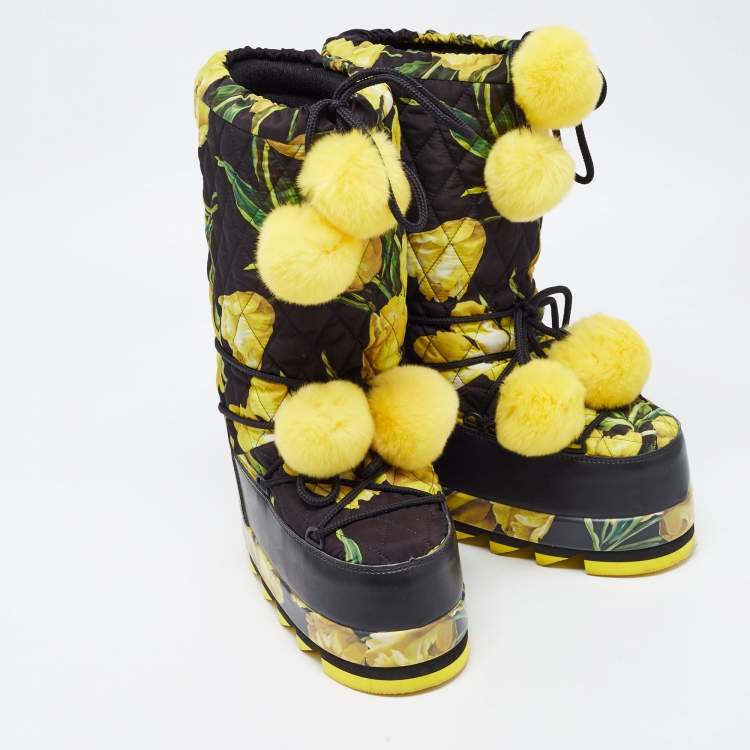 Pre Owned Dolce & Gabbana Black Fabric and Leather Tulip Print Pom Pom Detail Snow Boots Size 39