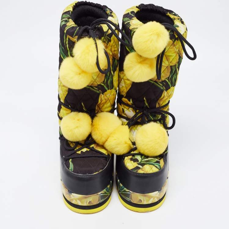 Pre Owned Dolce & Gabbana Black Fabric and Leather Tulip Print Pom Pom Detail Snow Boots Size 39