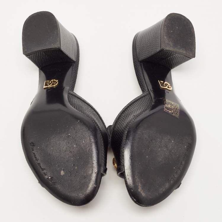 Pre Owned Dolce & Gabbana Black Lizard Embossed Leather DG Amore Slide Sandals Size 37
