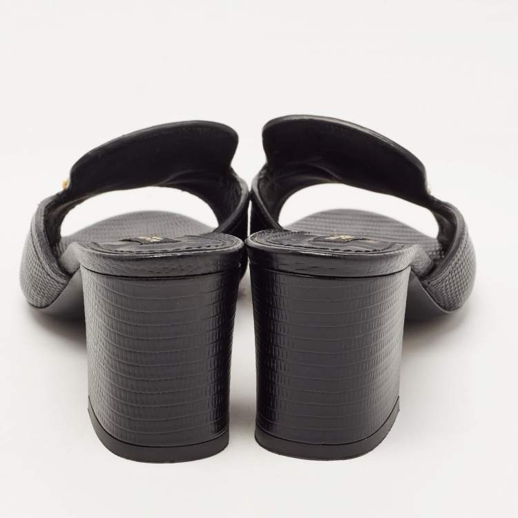 Pre Owned Dolce & Gabbana Black Lizard Embossed Leather DG Amore Slide Sandals Size 37