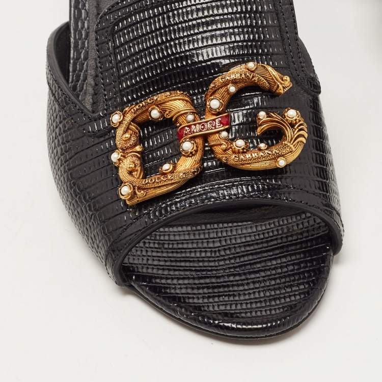 Pre Owned Dolce & Gabbana Black Lizard Embossed Leather DG Amore Slide Sandals Size 37