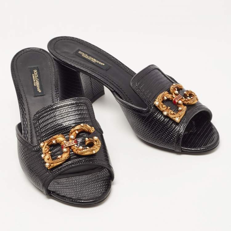 Pre Owned Dolce & Gabbana Black Lizard Embossed Leather DG Amore Slide Sandals Size 37