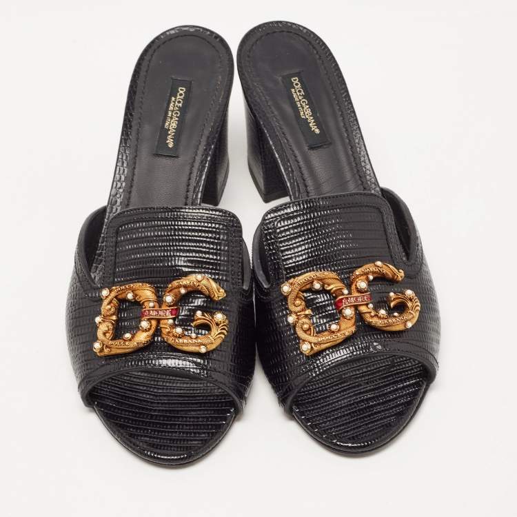 Pre Owned Dolce & Gabbana Black Lizard Embossed Leather DG Amore Slide Sandals Size 37