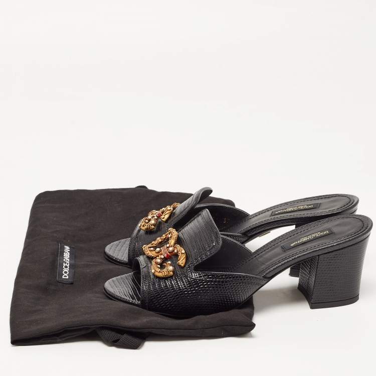 Pre Owned Dolce & Gabbana Black Lizard Embossed Leather DG Amore Slide Sandals Size 37
