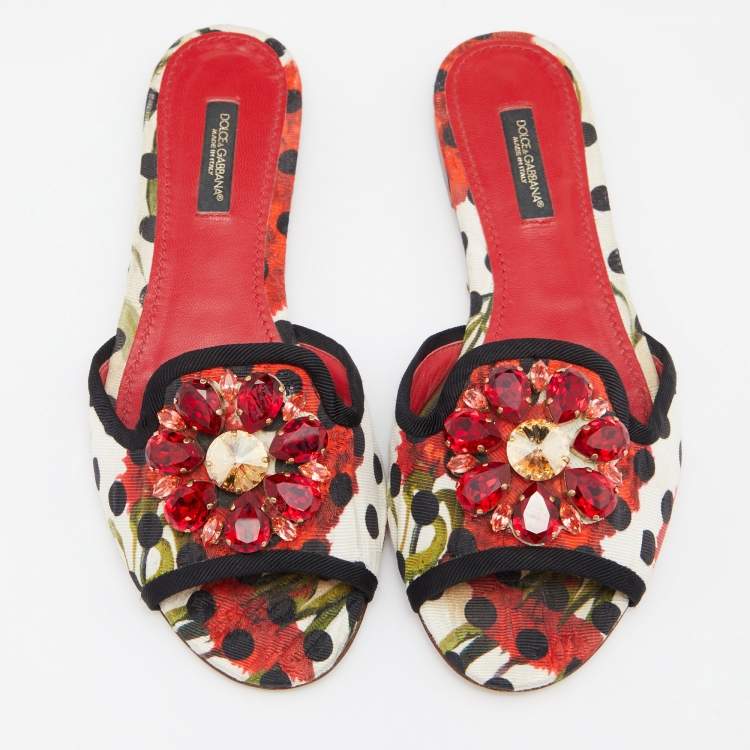 Pre Owned Dolce & Gabbana Multicolor Polka/Floral Print Fabric Belucci Crystals Flat Slides Size 36