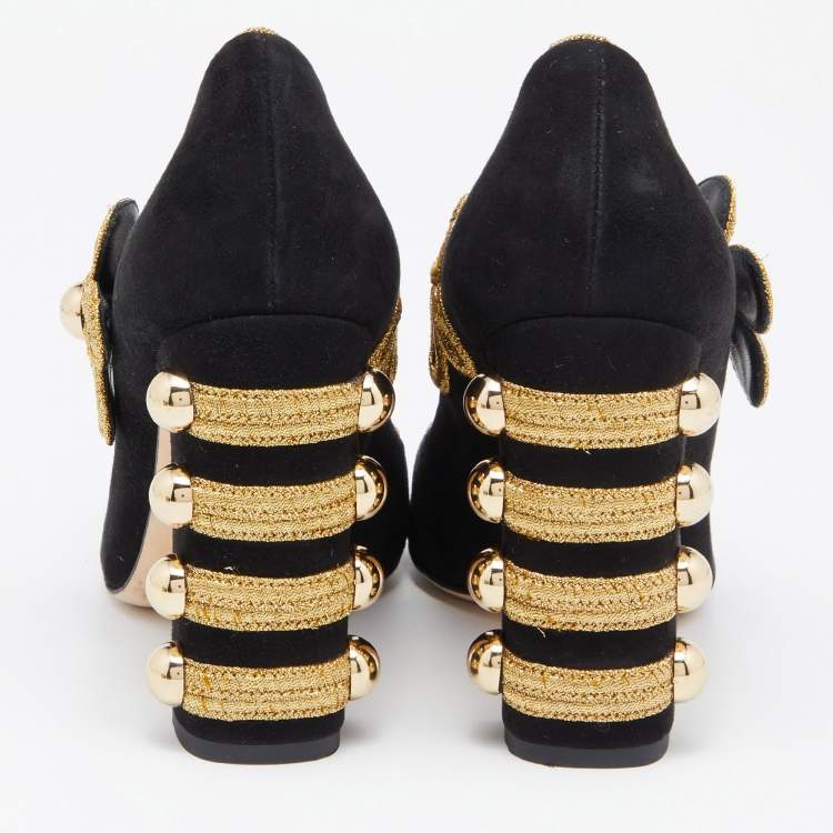 Pre Owned Dolce & Gabbana Black/Gold Suede Military Vally Pumps Size 37