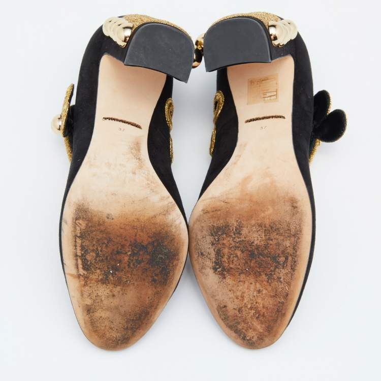 Pre Owned Dolce & Gabbana Black/Gold Suede Military Vally Pumps Size 37