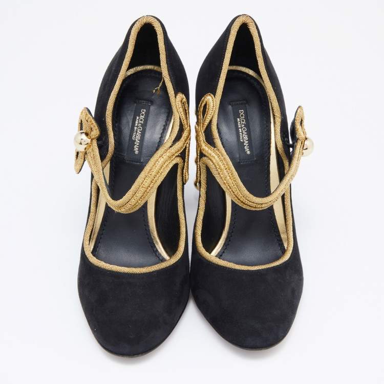 Pre Owned Dolce & Gabbana Black/Gold Suede Military Vally Pumps Size 37