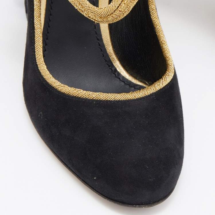 Pre Owned Dolce & Gabbana Black/Gold Suede Military Vally Pumps Size 37