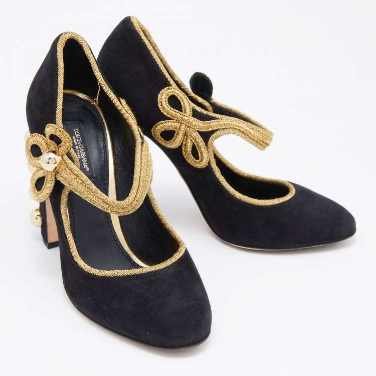 Pre Owned Dolce & Gabbana Black/Gold Suede Military Vally Pumps Size 37