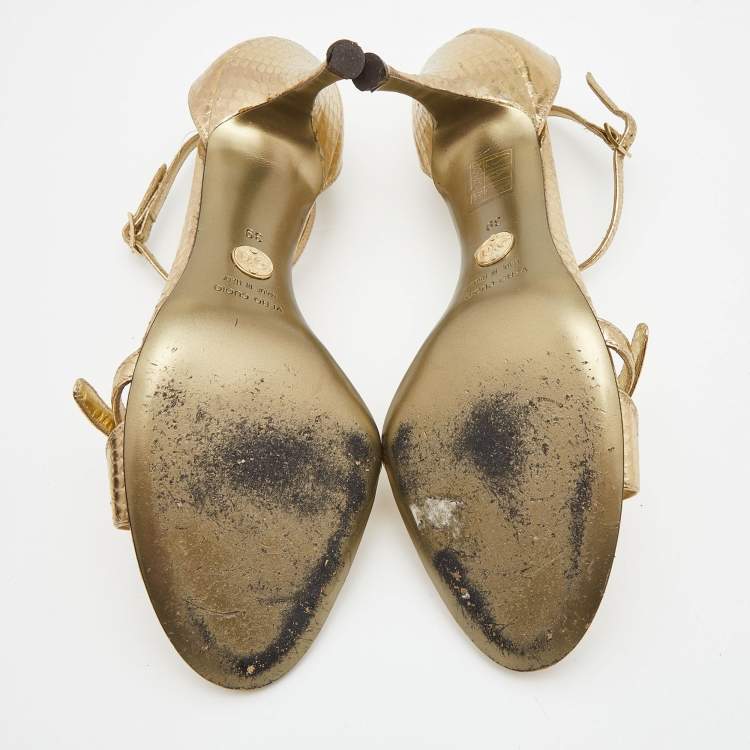 Pre Owned Dolce & Gabbana Gold Snakeskin Embossed Leather T-Strap Sandals Size 39