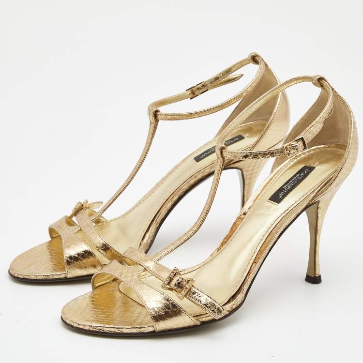 Pre Owned Dolce & Gabbana Gold Snakeskin Embossed Leather T-Strap Sandals Size 39
