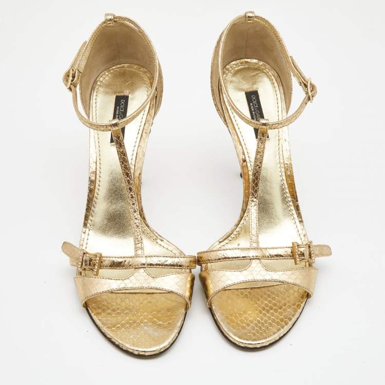 Pre Owned Dolce & Gabbana Gold Snakeskin Embossed Leather T-Strap Sandals Size 39
