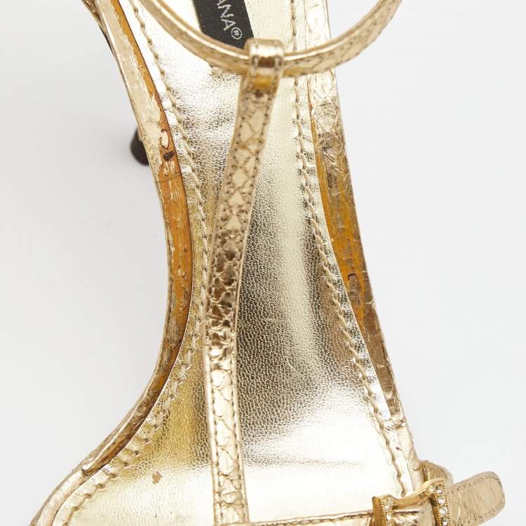 Pre Owned Dolce & Gabbana Gold Snakeskin Embossed Leather T-Strap Sandals Size 39