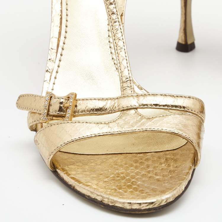 Pre Owned Dolce & Gabbana Gold Snakeskin Embossed Leather T-Strap Sandals Size 39