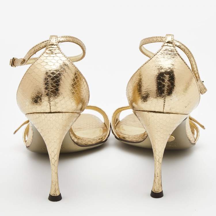Pre Owned Dolce & Gabbana Gold Snakeskin Embossed Leather T-Strap Sandals Size 39