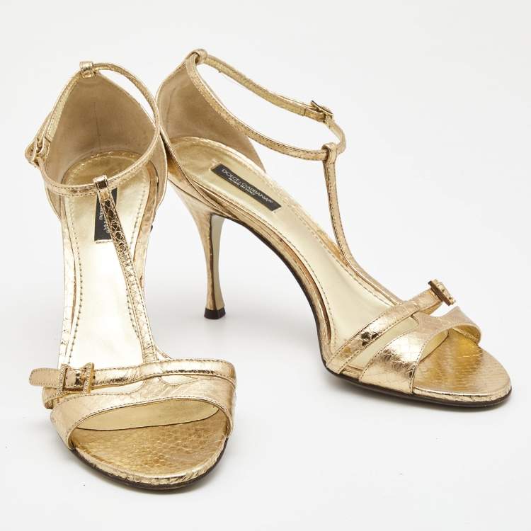Pre Owned Dolce & Gabbana Gold Snakeskin Embossed Leather T-Strap Sandals Size 39