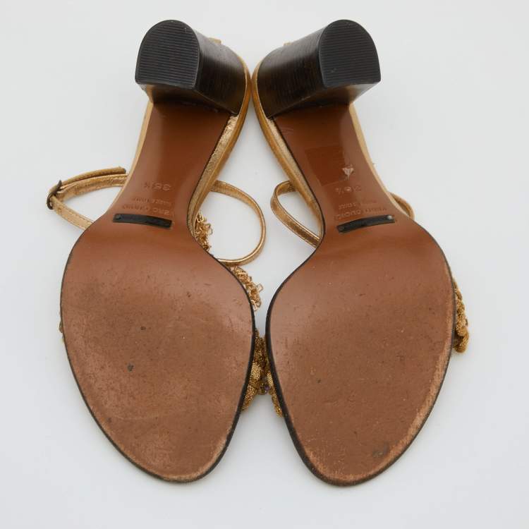 Pre Owned Dolce & Gabbana Gold Lurex Fabric and Leather Embellished Chain Detail Block Heel Sandal Size 35.5