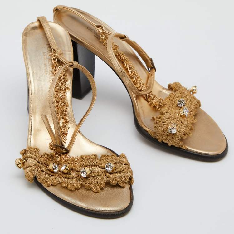 Pre Owned Dolce & Gabbana Gold Lurex Fabric and Leather Embellished Chain Detail Block Heel Sandal Size 35.5