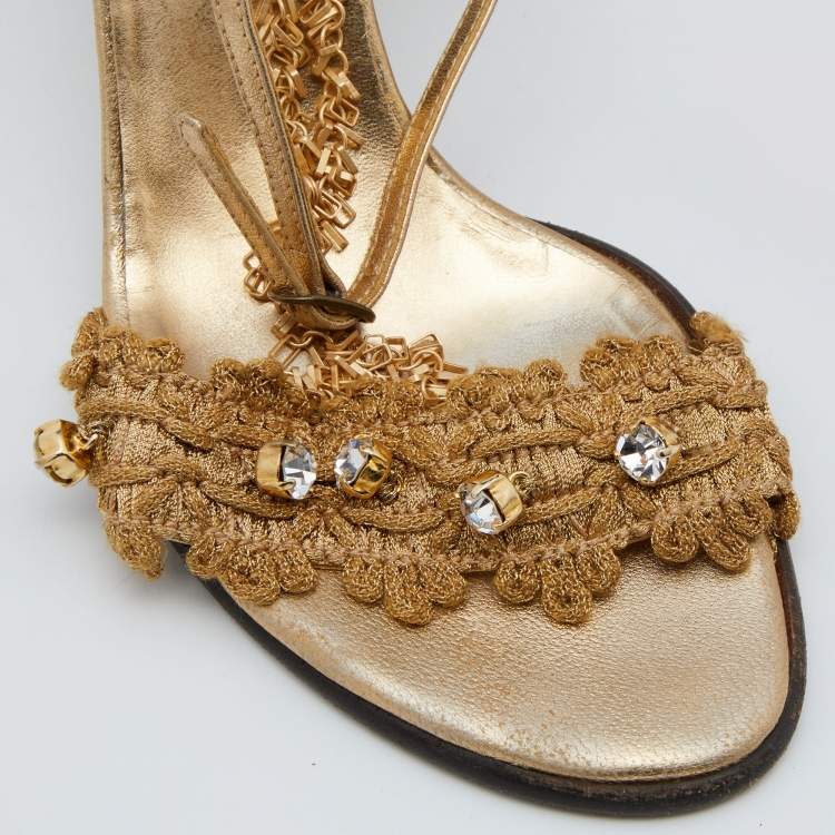 Pre Owned Dolce & Gabbana Gold Lurex Fabric and Leather Embellished Chain Detail Block Heel Sandal Size 35.5