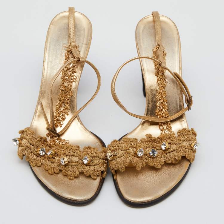 Pre Owned Dolce & Gabbana Gold Lurex Fabric and Leather Embellished Chain Detail Block Heel Sandal Size 35.5