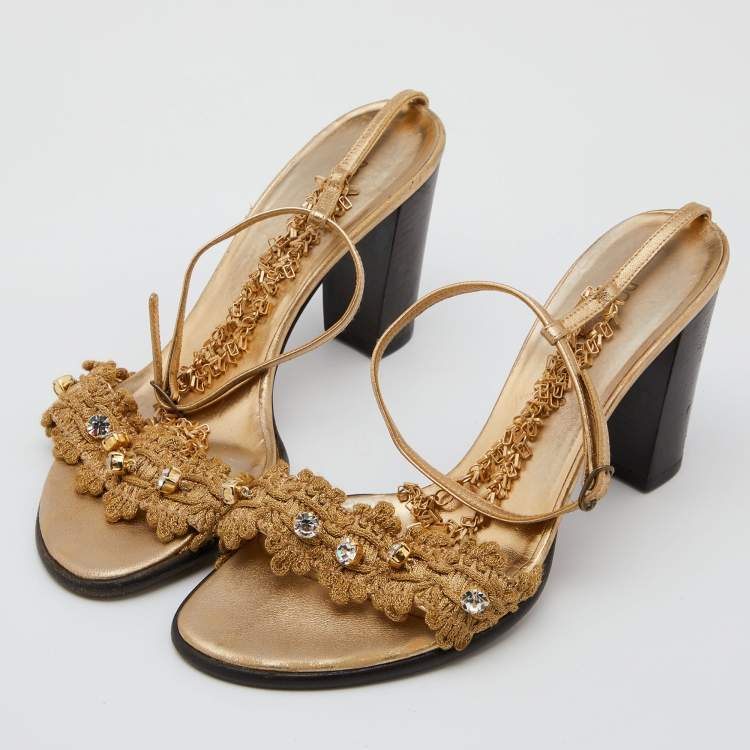 Pre Owned Dolce & Gabbana Gold Lurex Fabric and Leather Embellished Chain Detail Block Heel Sandal Size 35.5