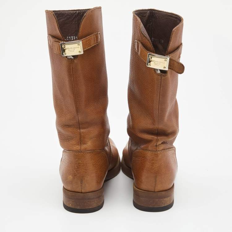 Pre Owned Dolce & Gabbana Brown Leather Mid Calf Boots Size 38