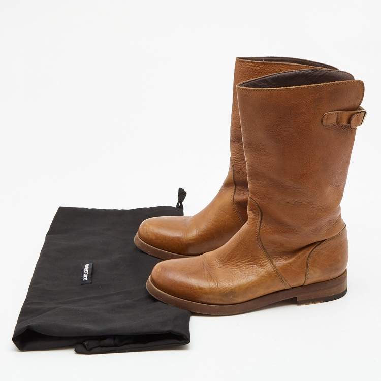 Pre Owned Dolce & Gabbana Brown Leather Mid Calf Boots Size 38