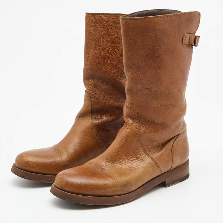 Pre Owned Dolce & Gabbana Brown Leather Mid Calf Boots Size 38