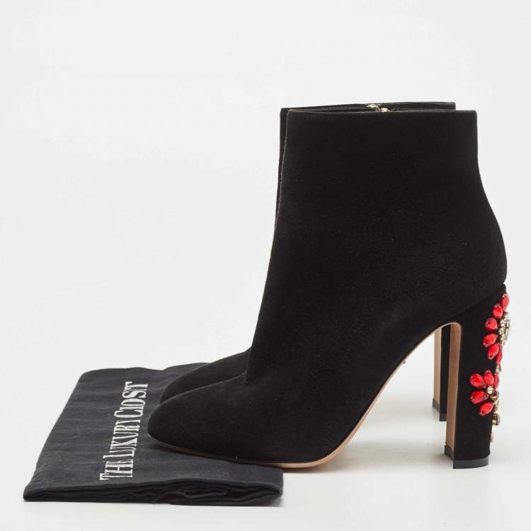 Pre Owned Dolce & Gabbana Black Suede Crystal Embellished Heel Ankle Boots Size 38