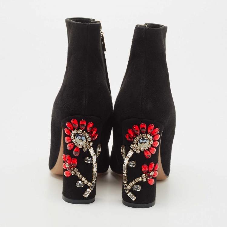 Pre Owned Dolce & Gabbana Black Suede Crystal Embellished Heel Ankle Boots Size 38