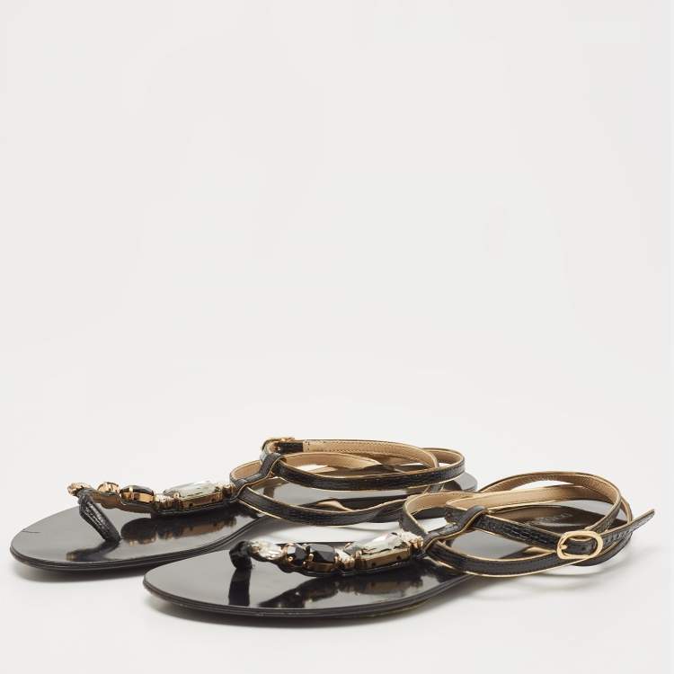 Pre Owned Dolce & Gabbana Black Leather Crystal Embellished Ankle Strap Flat Thong Sandals Size 37