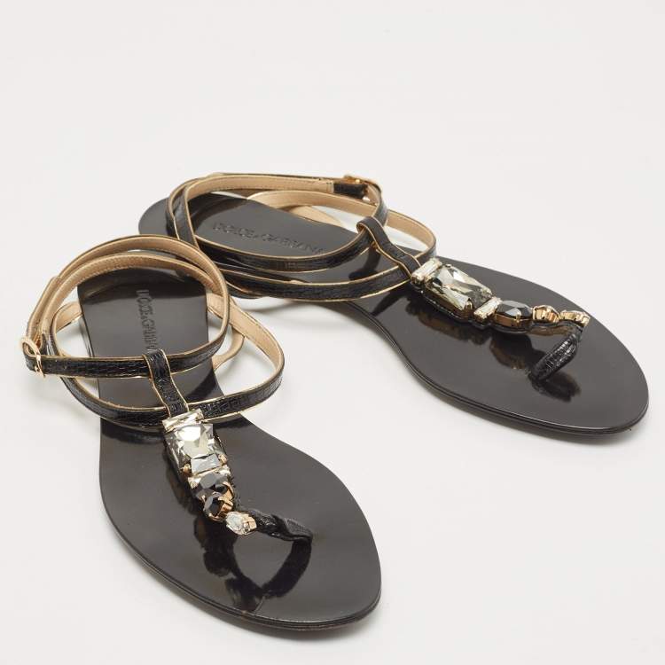Pre Owned Dolce & Gabbana Black Leather Crystal Embellished Ankle Strap Flat Thong Sandals Size 37