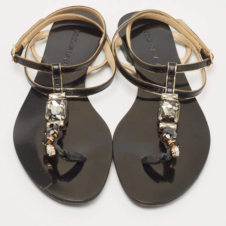 Pre Owned Dolce & Gabbana Black Leather Crystal Embellished Ankle Strap Flat Thong Sandals Size 37
