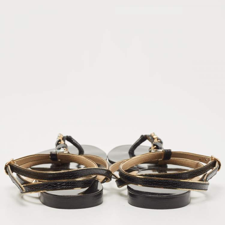 Pre Owned Dolce & Gabbana Black Leather Crystal Embellished Ankle Strap Flat Thong Sandals Size 37