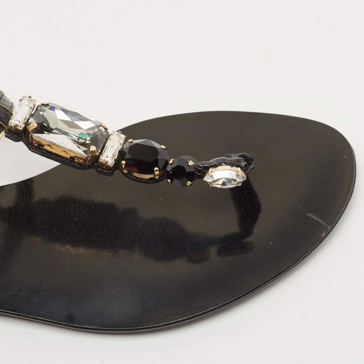 Pre Owned Dolce & Gabbana Black Leather Crystal Embellished Ankle Strap Flat Thong Sandals Size 37