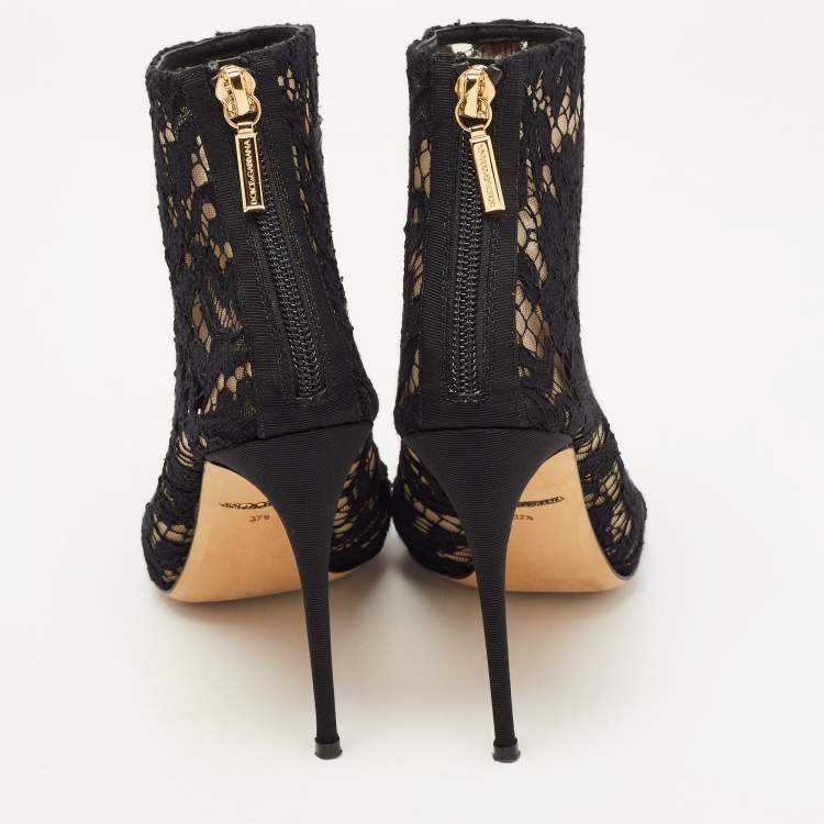Pre Owned Dolce & Gabbana Black Lace and Mesh Ankle Boots Size 37.5