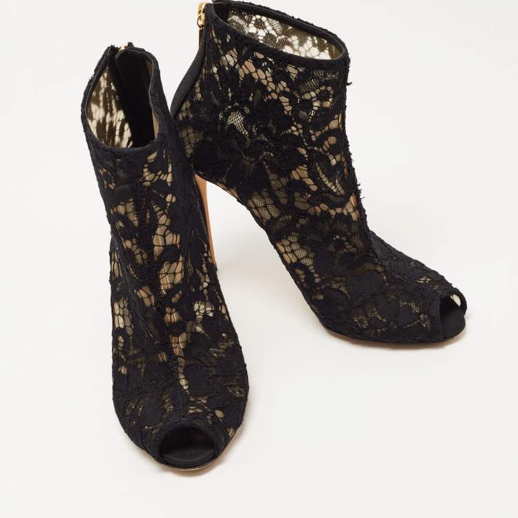 Pre Owned Dolce & Gabbana Black Lace and Mesh Ankle Boots Size 37.5