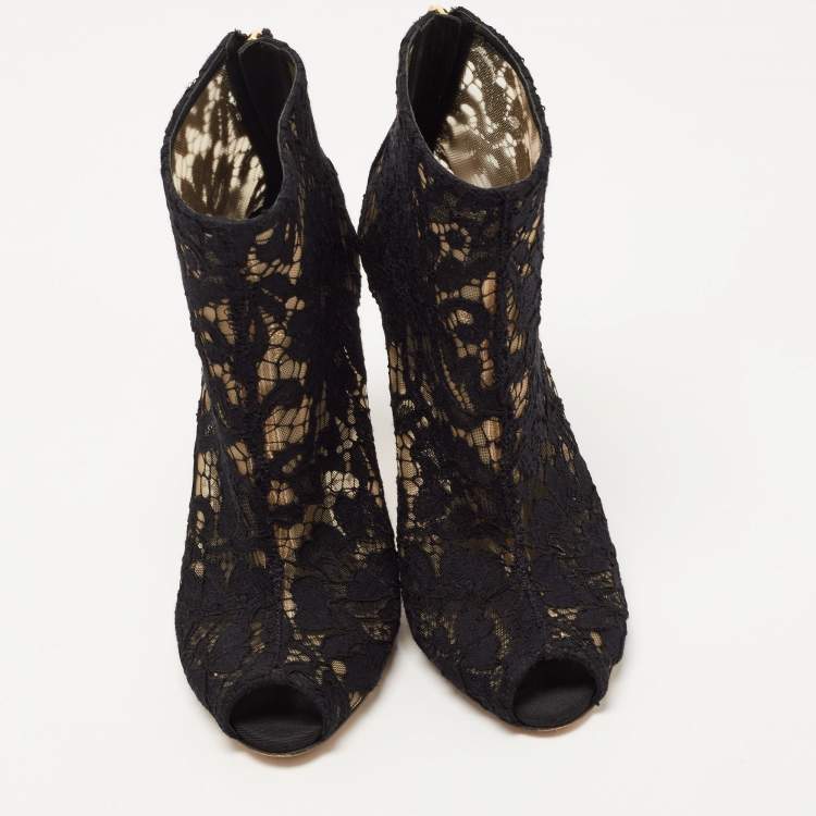 Pre Owned Dolce & Gabbana Black Lace and Mesh Ankle Boots Size 37.5
