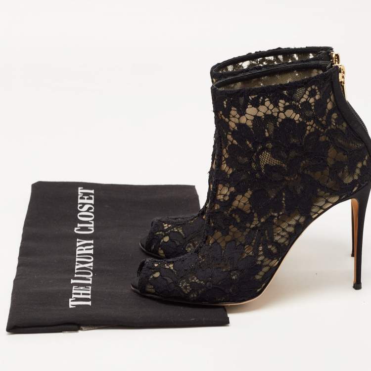 Pre Owned Dolce & Gabbana Black Lace and Mesh Ankle Boots Size 37.5
