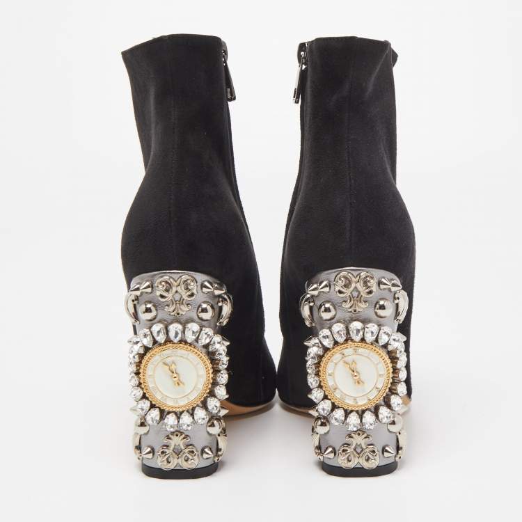Pre Owned Dolce & Gabbana Black Suede Crystal Embellished Clock Heel Ankle Booties Size 38