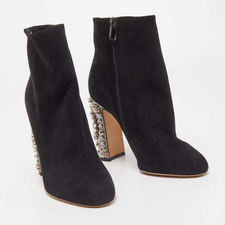 Pre Owned Dolce & Gabbana Black Suede Crystal Embellished Clock Heel Ankle Booties Size 38