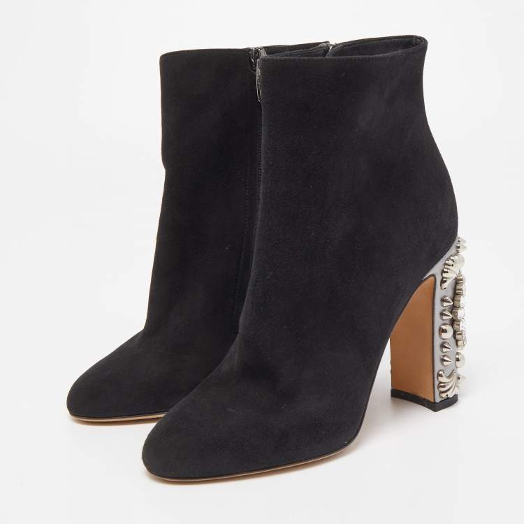 Pre Owned Dolce & Gabbana Black Suede Crystal Embellished Clock Heel Ankle Booties Size 38