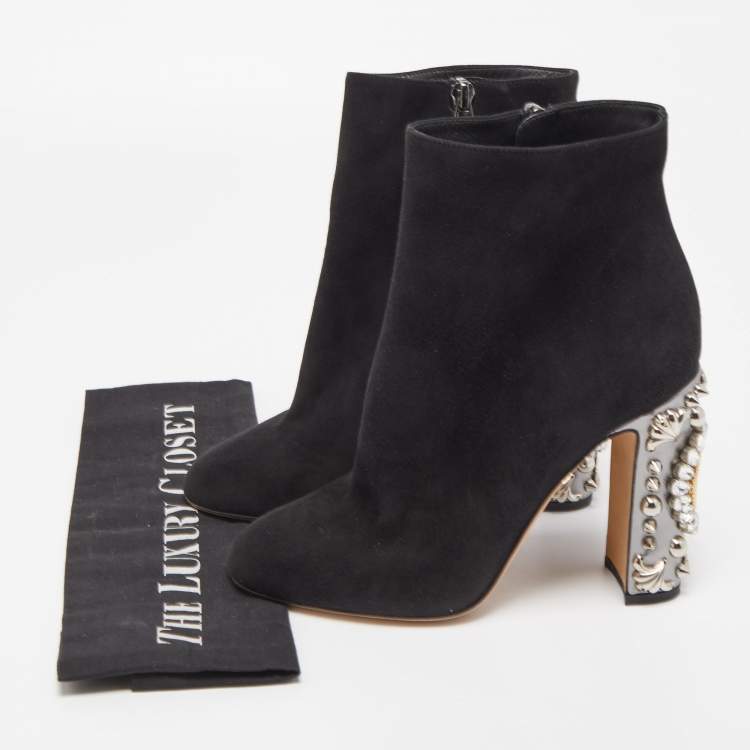 Pre Owned Dolce & Gabbana Black Suede Crystal Embellished Clock Heel Ankle Booties Size 38