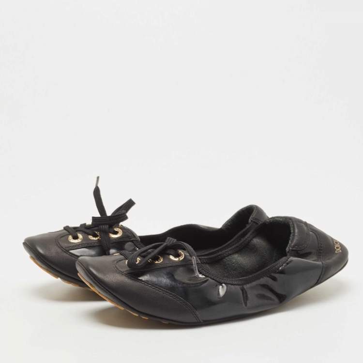Pre Owned Dolce & Gabbana Black Leather  and Patent Ballet Flats Size 37.5