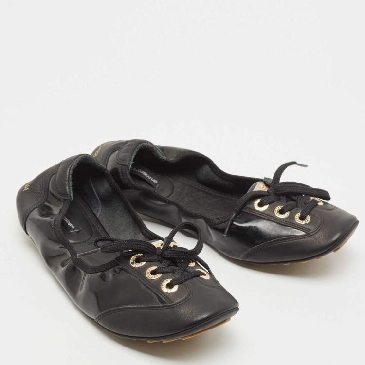 Pre Owned Dolce & Gabbana Black Leather  and Patent Ballet Flats Size 37.5