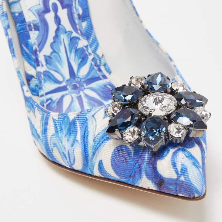 Pre Owned Dolce & Gabbana Blue Print Brocade Fabric  Bellucci Crystal Embellished Pumps Size 40