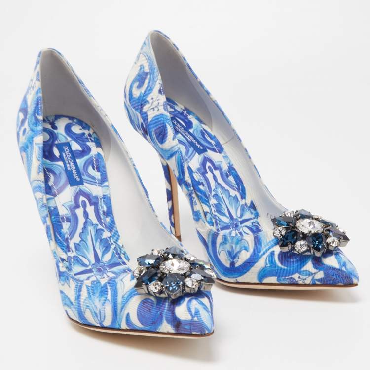 Pre Owned Dolce & Gabbana Blue Print Brocade Fabric  Bellucci Crystal Embellished Pumps Size 40