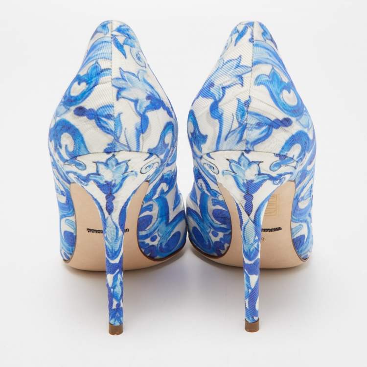 Pre Owned Dolce & Gabbana Blue Print Brocade Fabric  Bellucci Crystal Embellished Pumps Size 40
