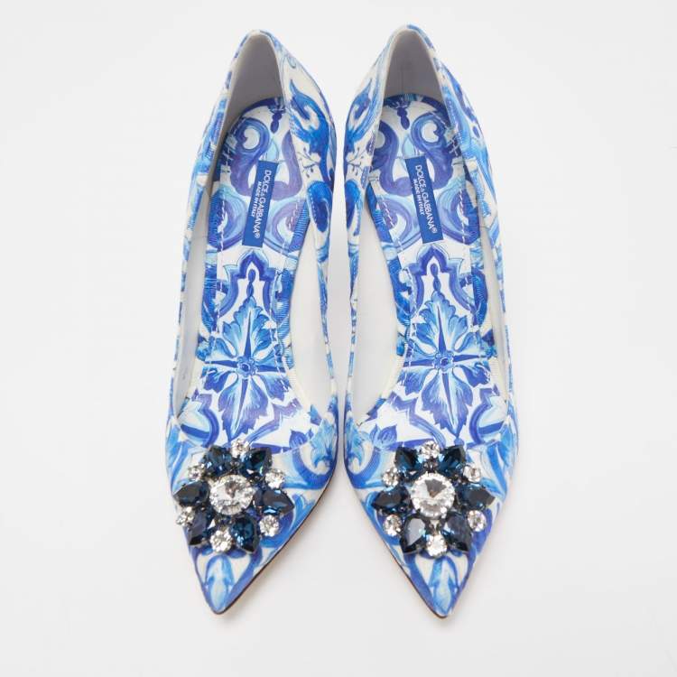 Pre Owned Dolce & Gabbana Blue Print Brocade Fabric  Bellucci Crystal Embellished Pumps Size 40